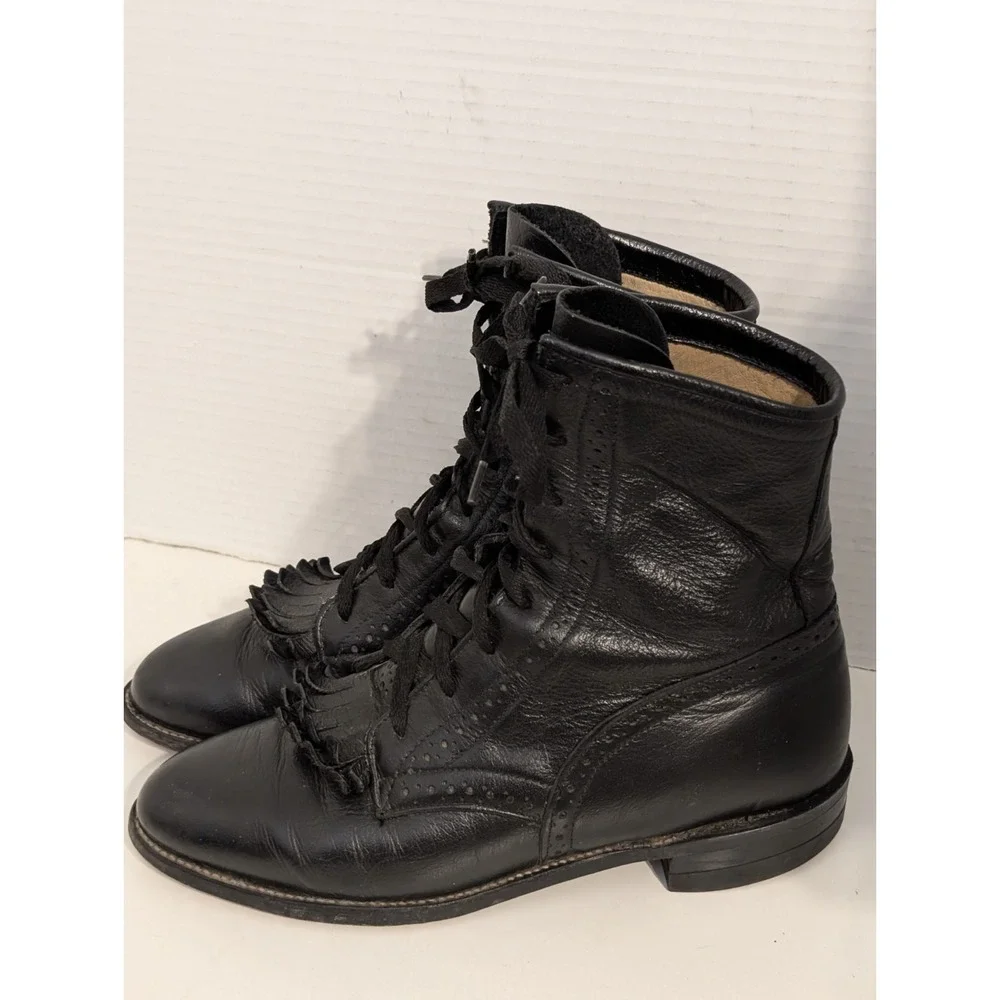 Vintage Justin Women's Black Leather Lace-Up Kiltie Roper Boots 7.5B - Picture 4 of 8